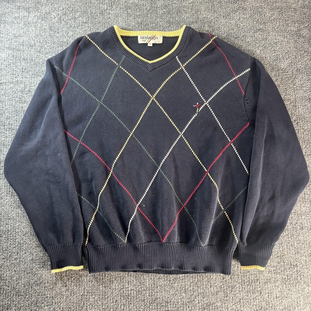 Modango Golf Sweater Mens Medium Blue Argyle V‎ Neck Knit Pullover Logo